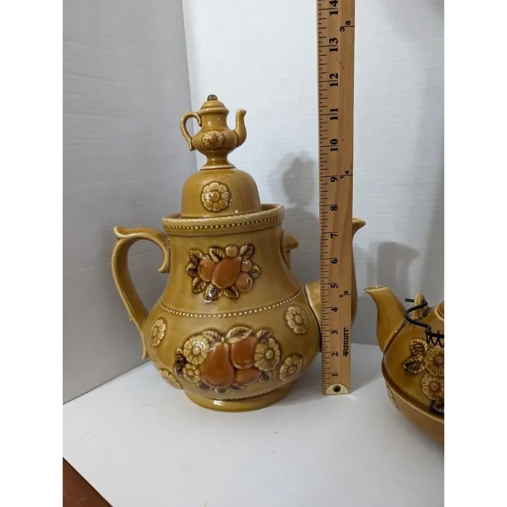 VINTAGE 1950s APCO JAPAN MCM LARGE AND SMALL TEAPOT Tan Ceramic